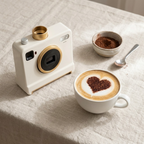 Cappuccino z sercem z kakao obok kamery do latte art
