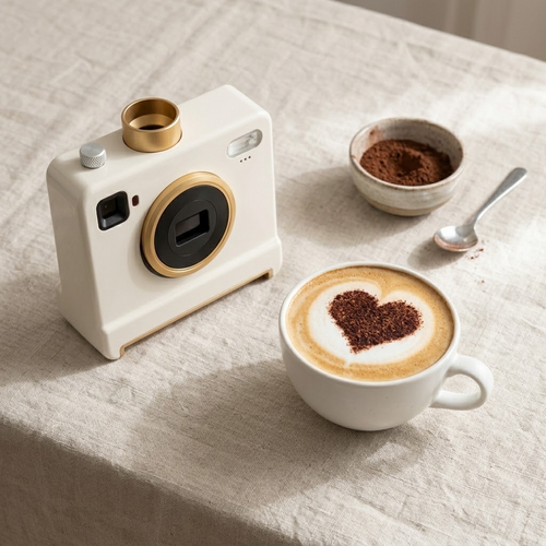 Cappuccino z sercem z kakao obok kamery do latte art