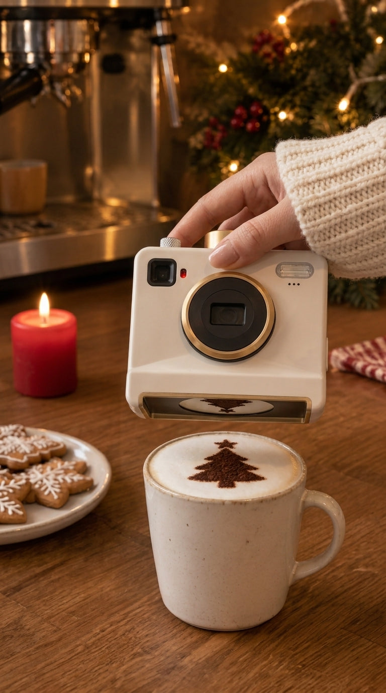 Kamera do latte art nad kubkiem – wzór choinki z kakao na piance