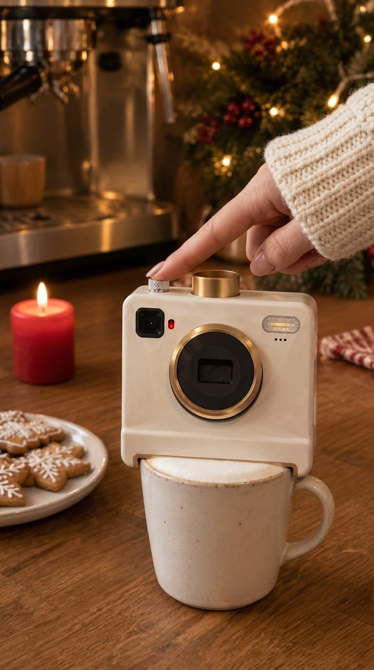 Kamera do latte art ustawiona na kubku z pianką
